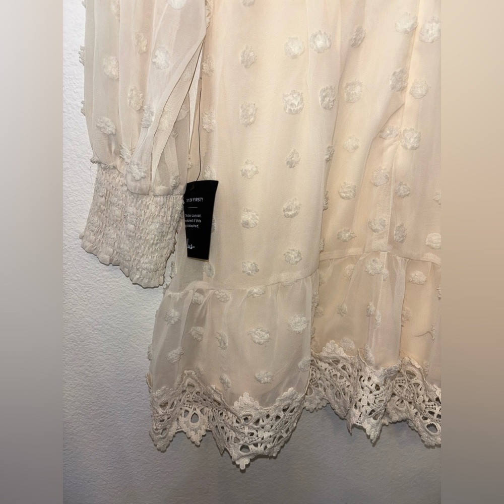 NEW Lulus Cream Embroidered Lace Boho Scandi Girl Chic XL Chiffon Dress lined - Picture 12 of 14
